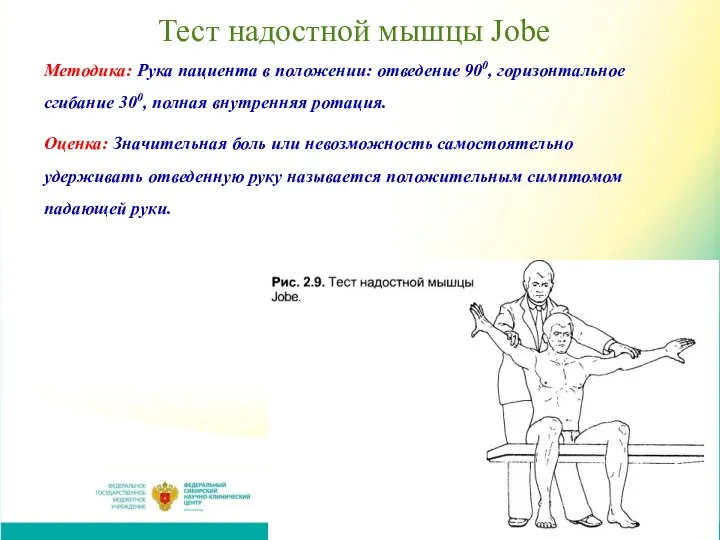 Тест надостной мышцы Jobe Методика: Рука пациента в положении: отведение 900,