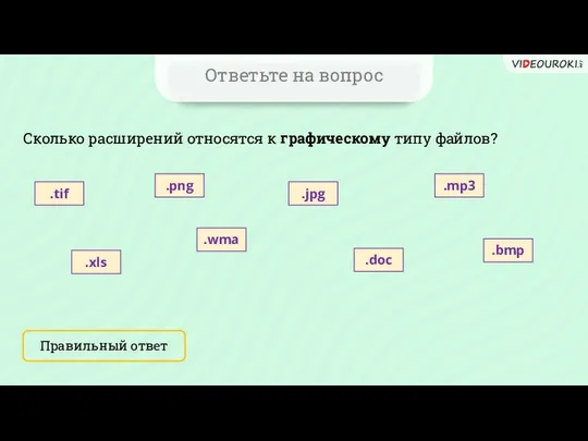 Ответьте на вопрос Сколько расширений относятся к графическому типу файлов? Правильный