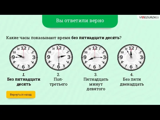 Вы ответили верно Вернуться назад Какие часы показывают время без пятнадцати