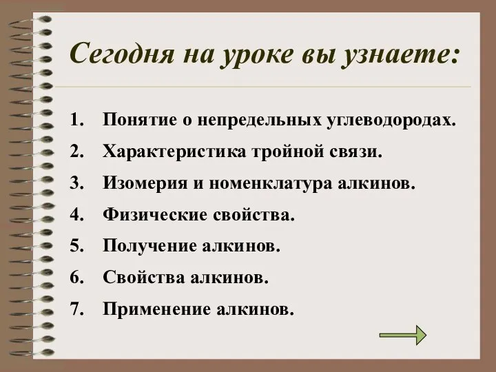 Сегодня на уроке вы узнаете: Понятие о непредельных углеводородах. Характеристика тройной