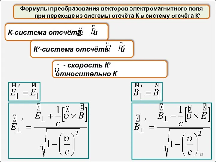 К-система отсчёта: и Формулы преобразования векторов электромагнитного поля при переходе из