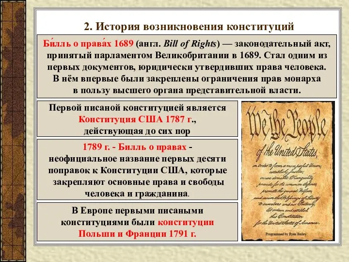 2. История возникновения конституций Би́лль о права́х 1689 (англ. Bill of