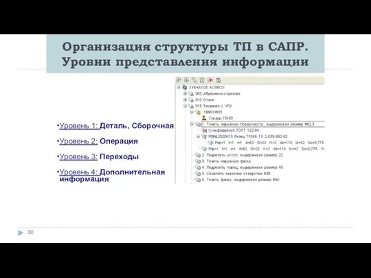 Организация структуры ТП в САПР. Уровни представления информации Уровень 1: Деталь,