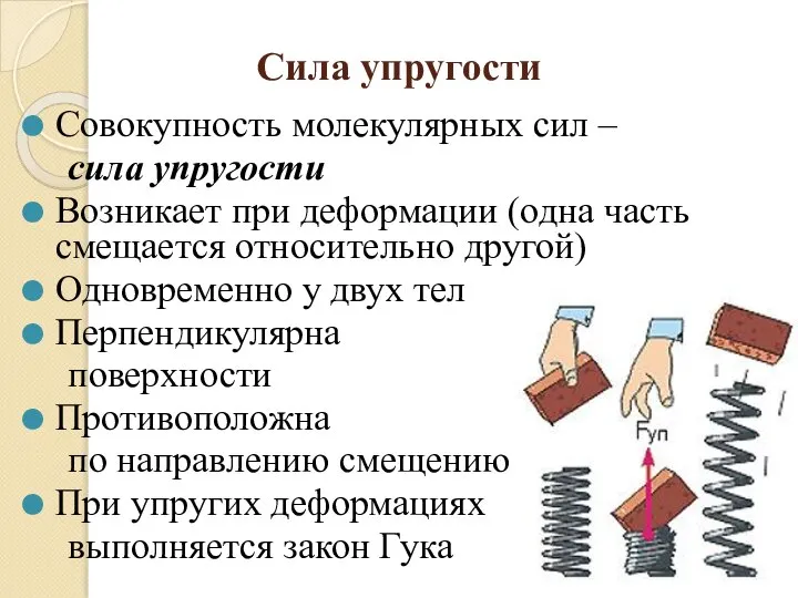 Сила упругости Совокупность молекулярных сил – сила упругости Возникает при деформации