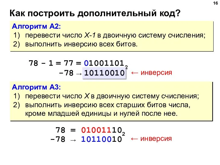 Как построить дополнительный код? Алгоритм А2: перевести число X-1 в двоичную
