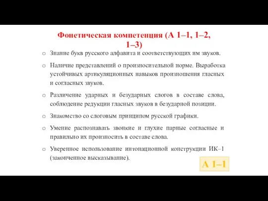 Фонетическая компетенция (А 1–1, 1–2, 1–3) Знание букв русского алфавита и