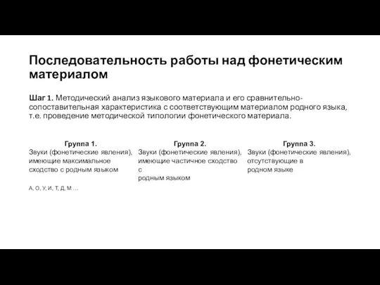 Последовательность работы над фонетическим материалом Шаг 1. Методический анализ языкового материала