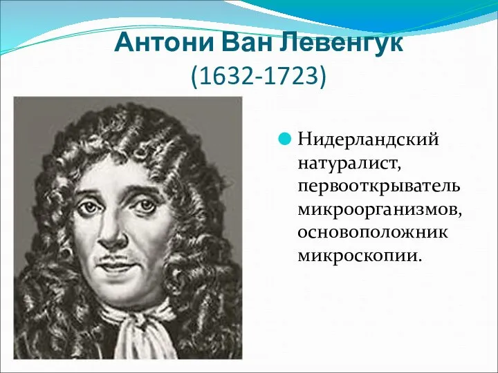 Антони Ван Левенгук (1632-1723) Нидерландский натуралист, первооткрыватель микроорганизмов, основоположник микроскопии.