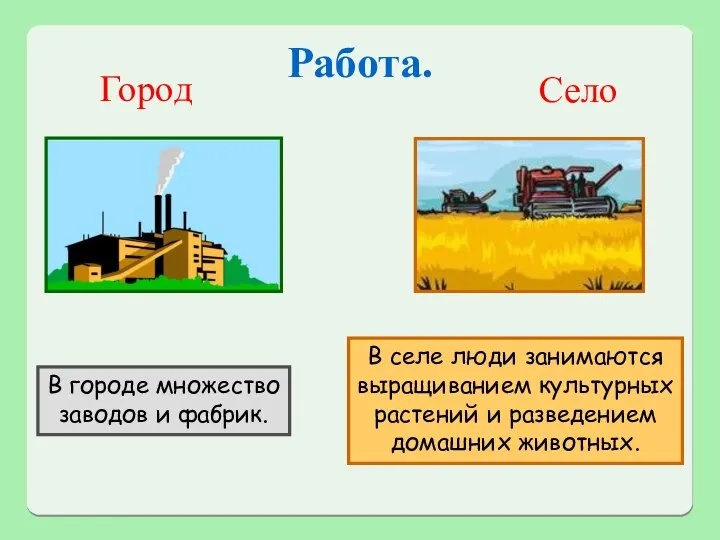 Работа. Город Село В селе люди занимаются выращиванием культурных растений и