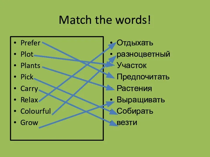 Match the words! Prefer Plot Plants Pick Carry Relax Colourful Grow