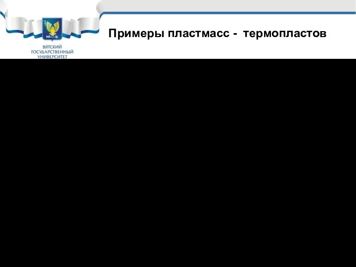 Примеры пластмасс - термопластов Полистирол - (–СН2 – СНС6Н5–)n Относится к