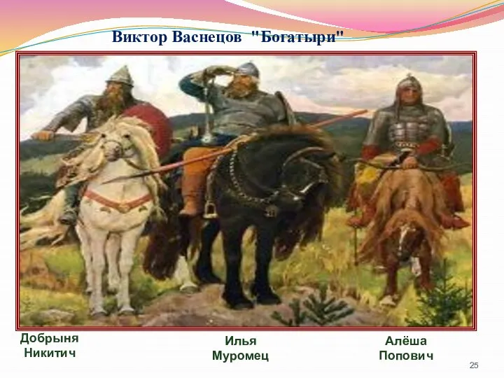 Илья Муромец Алёша Попович Добрыня Никитич Виктор Васнецов "Богатыри"