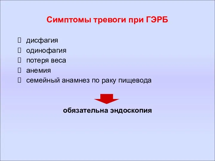 Симптомы тревоги при ГЭРБ дисфагия одинофагия потеря веса анемия семейный анамнез по раку пищевода обязательна эндоскопия