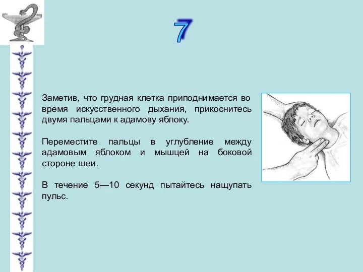 7 Заметив, что грудная клетка приподнимается во время искусственного дыхания, прикоснитесь