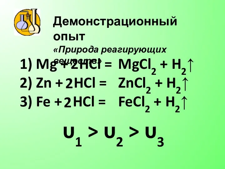 Демонстрационный опыт «Природа реагирующих веществ» 1) Mg + HCl = 2)