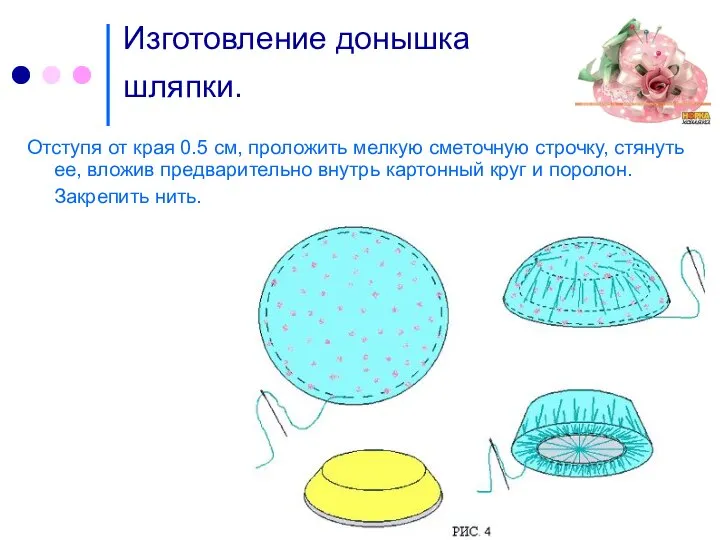 Изготовление донышка шляпки. Отступя от края 0.5 см, проложить мелкую сметочную