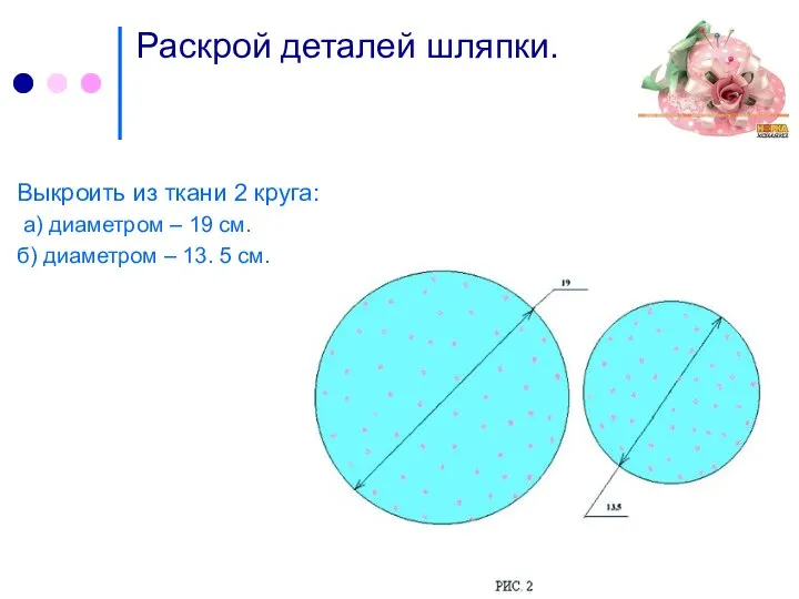 Раскрой деталей шляпки. Выкроить из ткани 2 круга: а) диаметром –