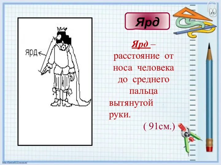 Ярд – расстояние от носа человека до среднего пальца вытянутой руки. ( 91см.) Ярд