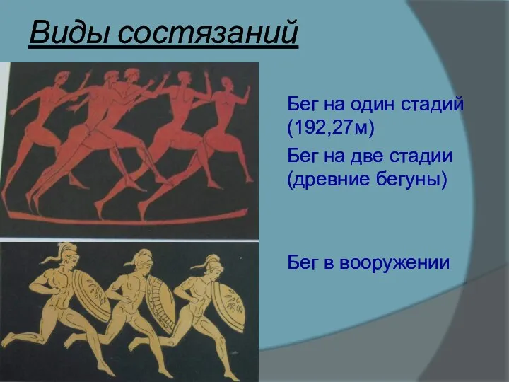 Виды состязаний Бег на один стадий (192,27м) Бег на две стадии (древние бегуны) Бег в вооружении