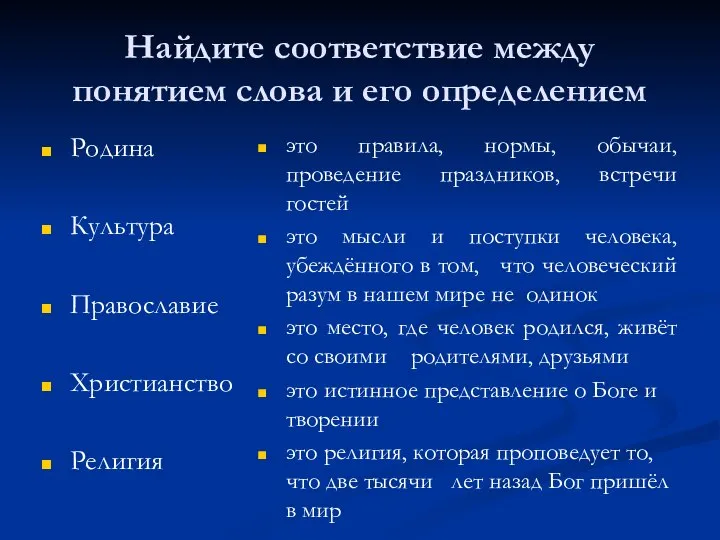 Найдите соответствие между понятием слова и его определением Родина Культура Православие