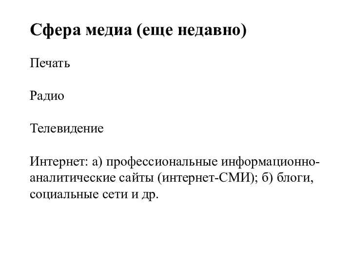 Сфера медиа (еще недавно) Печать Радио Телевидение Интернет: а) профессиональные информационно-аналитические