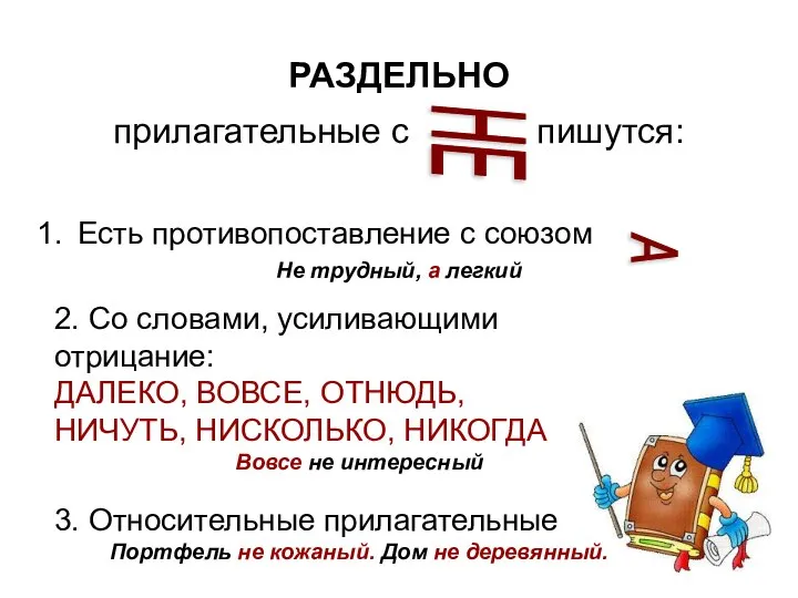 РАЗДЕЛЬНО прилагательные с пишутся: Есть противопоставление с союзом Не трудный, а