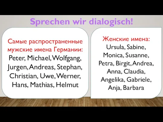 Sprechen wir dialogisch! Самые распространенные мужские имена Германии: Peter, Michael, Wolfgang,