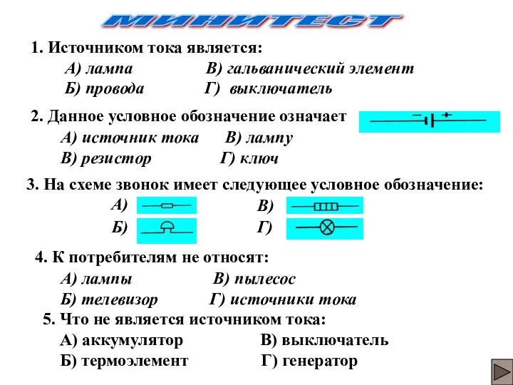 МИНИТЕСТ 1. Источником тока является: А) лампа В) гальванический элемент Б)