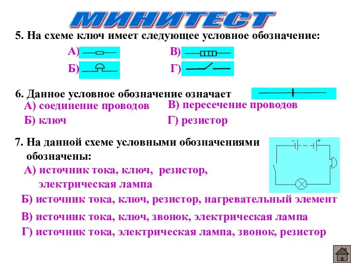 МИНИТЕСТ 5. На схеме ключ имеет следующее условное обозначение: А) Б)