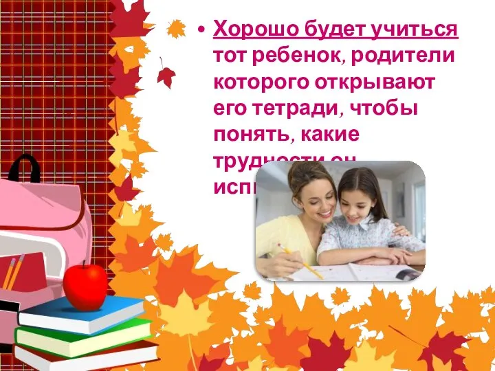 Хорошо будет учиться тот ребенок, родители которого открывают его тетради, чтобы понять, какие трудности он испытывает.