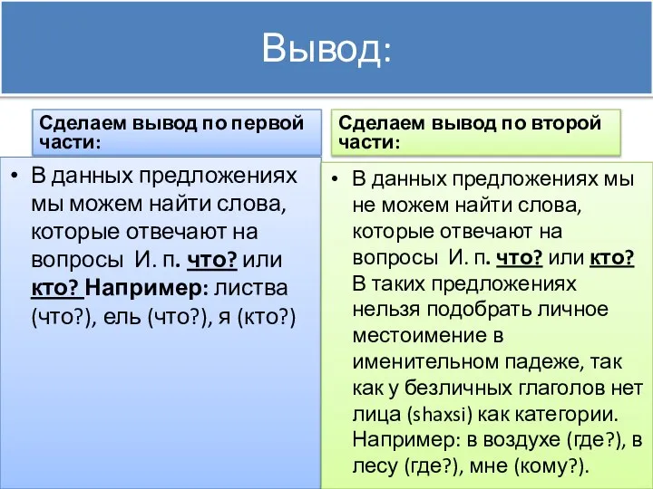 Вывод: Сделаем вывод по первой части: В данных предложениях мы можем