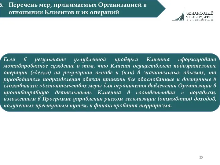 Перечень мер, принимаемых Организацией в отношении Клиентов и их операций Если