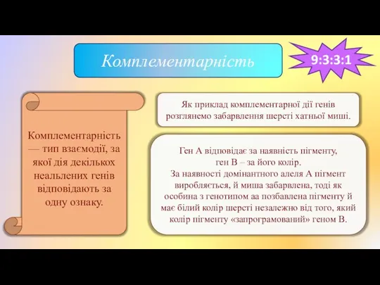 Комплементарність Комплементарність — тип взаємодії, за якої дія декількох неальлених генів