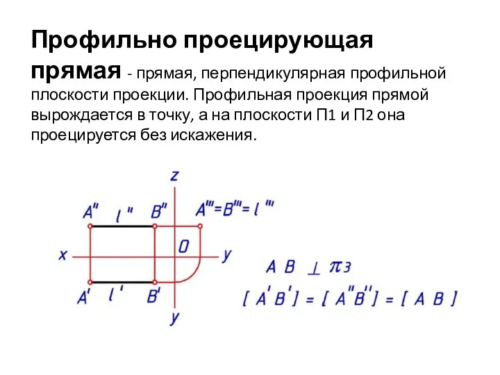 Профильно проецирующая прямая - прямая, перпендикулярная профильной плоскости проекции. Профильная проекция