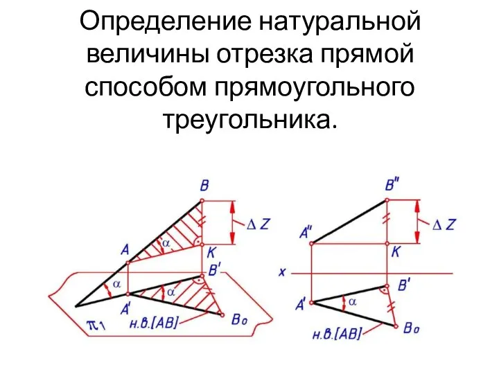 Определение натуральной величины отрезка прямой способом прямоугольного треугольника.