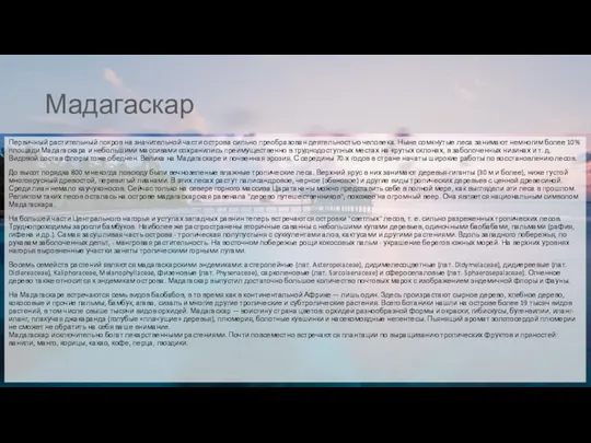 Мадагаскар Первичный растительный покров на значительной части острова сильно преобразован деятельностью