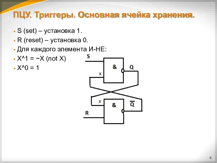 ПЦУ. Триггеры. Основная ячейка хранения. S (set) – установка 1. R