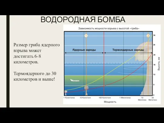 ВОДОРОДНАЯ БОМБА Размер гриба ядерного взрыва может достигать 6-8 километров. Термоядерного до 30 километров и выше!