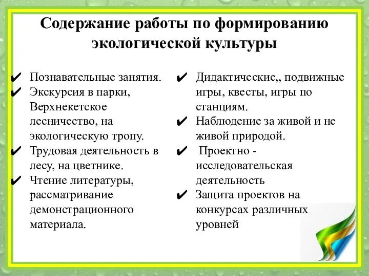 Содержание работы по формированию экологической культуры Познавательные занятия. Экскурсия в парки,