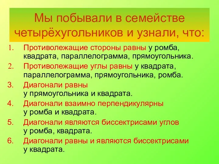 Мы побывали в семействе четырёхугольников и узнали, что: Противолежащие стороны равны