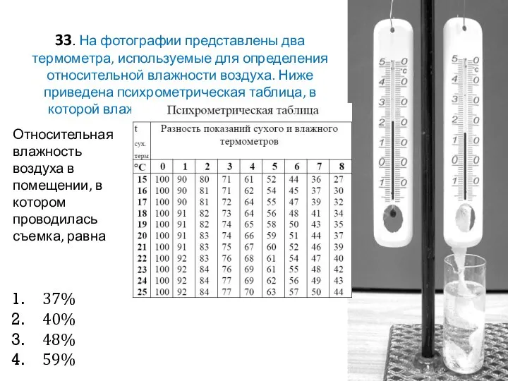 33. На фотографии представлены два термометра, используемые для определения относительной влажности