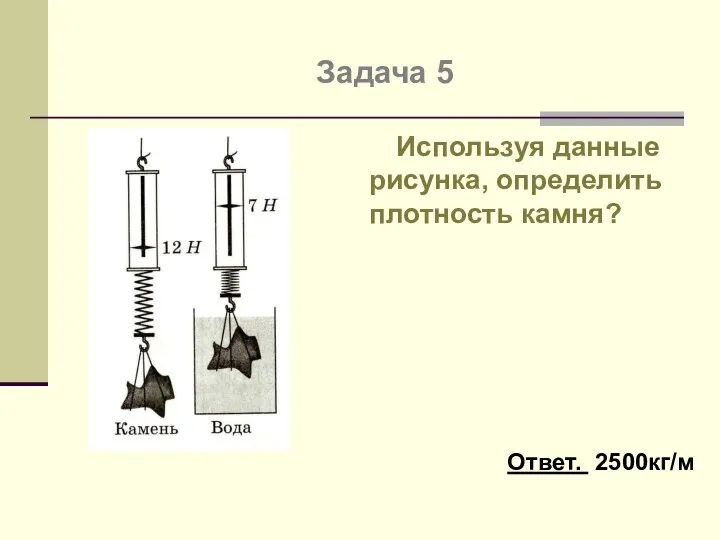 Задача 5 Используя данные рисунка, определить плотность камня? Ответ. 2500кг/м