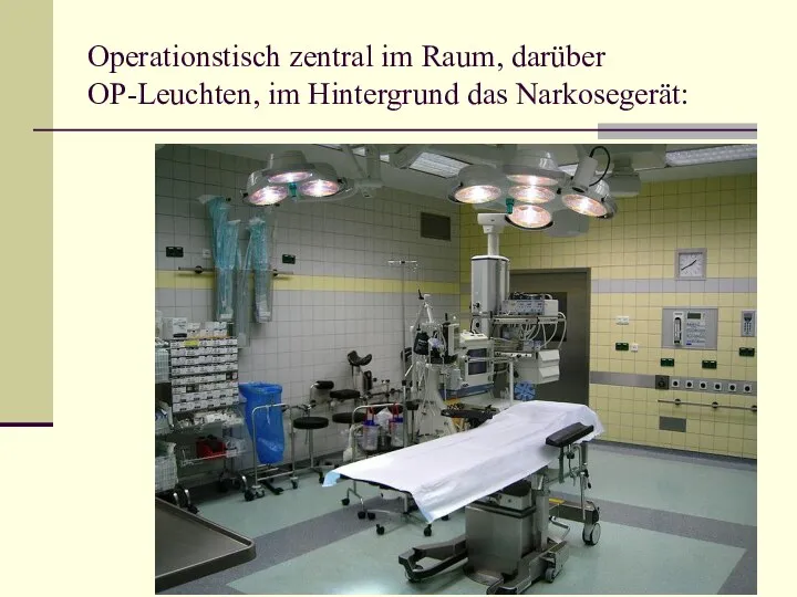 Operationstisch zentral im Raum, darüber OP-Leuchten, im Hintergrund das Narkosegerät: