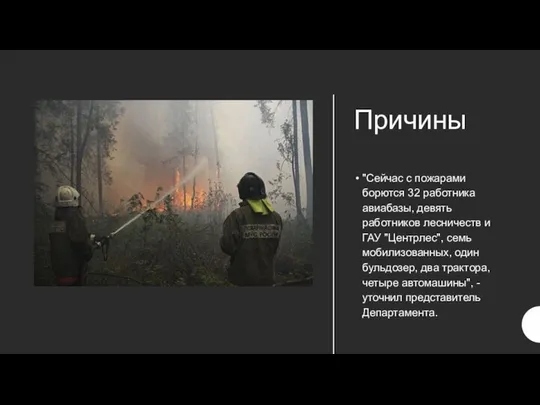 Причины "Сейчас с пожарами борются 32 работника авиабазы, девять работников лесничеств