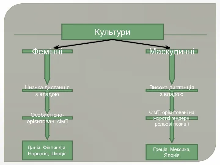 Культури Фемінні Маскулинні Низька дистанція з владою Висока дистанція з владою