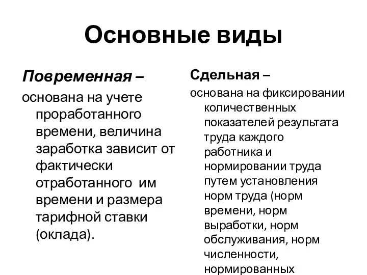 Основные виды Повременная – основана на учете проработанного времени, величина заработка