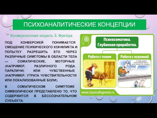 ПСИХОАНАЛИТИЧЕСКИЕ КОНЦЕПЦИИ Конверсионная модель З. Фрейда ПОД КОНВЕРСИЕЙ ПОНИМАЕТСЯ СМЕЩЕНИЕ ПСИХИЧЕСКОГО