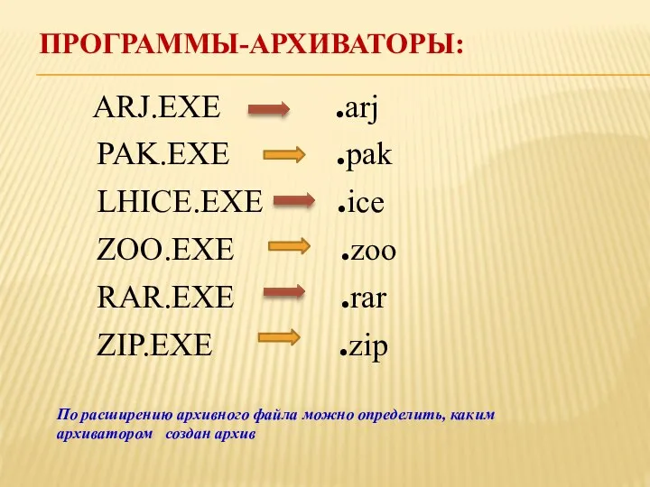 ARJ.EXE .arj PAK.EXE .pak LHICE.EXE .ice ZOO.EXE .zoo RAR.EXE .rar ZIP.EXE