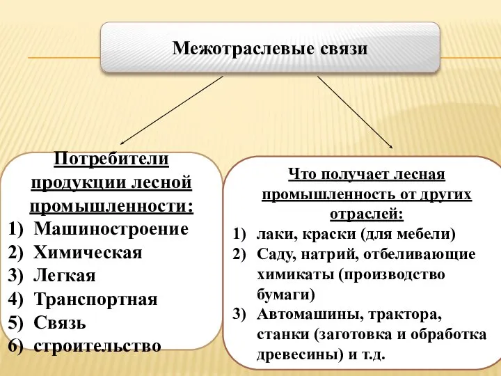 Межотраслевые связи Потребители продукции лесной промышленности: Машиностроение Химическая Легкая Транспортная Связь