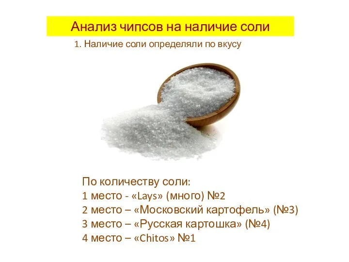 1. Наличие соли определяли по вкусу Анализ чипсов на наличие соли